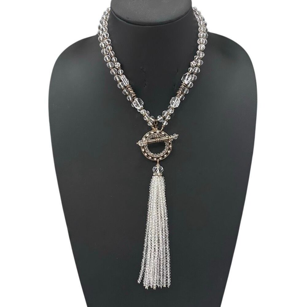 Vintage Crystal Glass Beaded Long Tassel Necklace Women's Clear Antique-finish